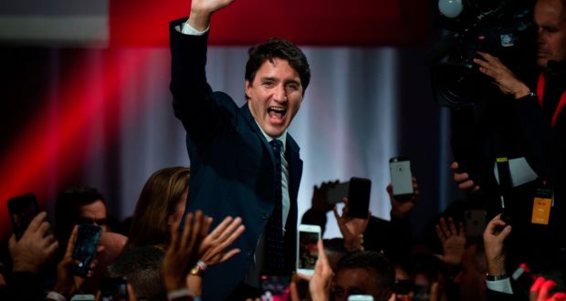 Canadian prime minister Justin Trudeau celebrates his election victory with his supporters in Montreal. Photograph: Sebastien St-Jean/AFP via Getty Images