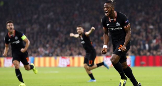 Chelsea striker Michy Batshuayi celebrates after scoring the winning goal in the Champions League Group H football match against  Ajax at the Johan Cruijff Arena in Amsterdam. Photograph: Maurice van Steen/ANP/AFP via Getty Images