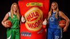 Kylee Smith of Liffey Celtics and Tatum Neubert of Glanmire  at the 2019/2020 Basketball Ireland season launch and Hula Hoops National Cup draw at the National Basketball Arena in Tallaght, Dublin. Photograph:  David Fitzgerald/Sportsfile 