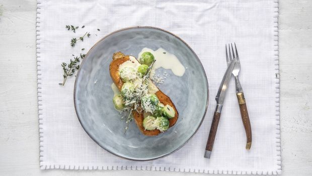 Roast butternut squash, sprouts and Parmesan cream