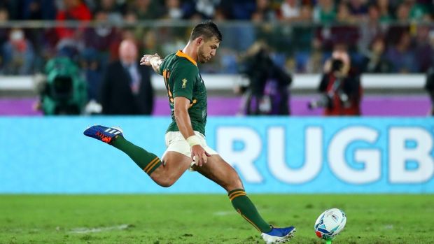 Handre Pollard kicks a penalty during South Africa’s win over Wales. Photograph: James Crombie/Inpho