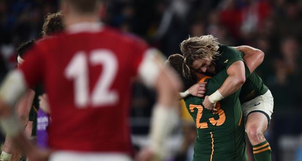South Africa’s centre Frans Steyn and scrumhalf Faf de Klerk celebrate their side’s win over Wales. Photograph: Charly Triballeau/AFP/Getty