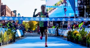 Morocco’s Othmane El Goumri wins the 2019 KBC Dublin Marathon. Photograph: Bryan Keane/Inpho 
