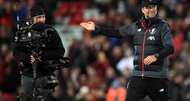 Liverpool manager Jürgen Klopp gestures to a TV camera after his team’s Premier League win over Spurs at Anfield. Photograph: Peter Byrne/PA Wire