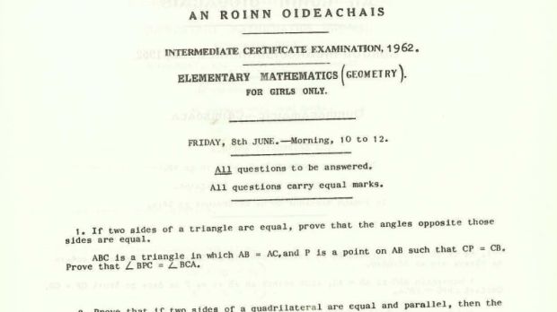 Elementary Maths for Girls: A Leaving Certificate exam paper from 1962.