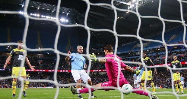 Sergio Aguero scores Manchester City’s third goal against Southampton. Photograph: Alex Livesey/Getty Images