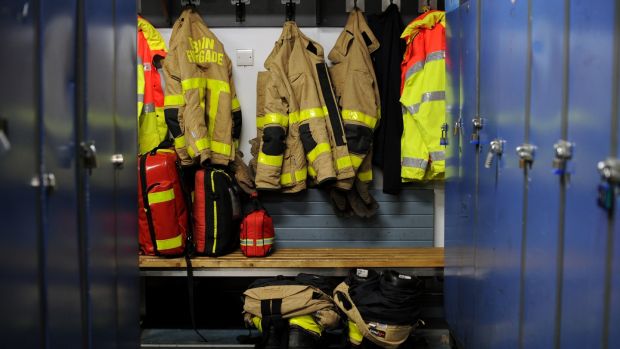 Locker room of Dublin Fire Brigade Tara Street Station. Photograph: Aidan Crawley/The Irish Times
