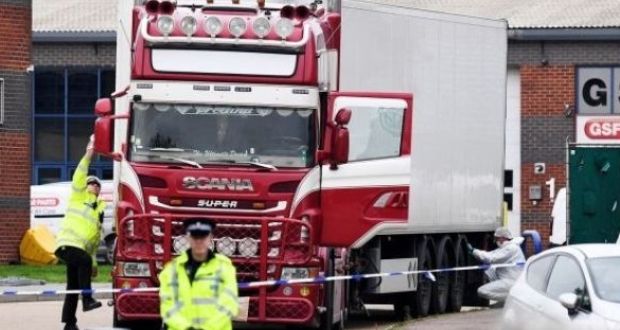 Police and forensic officers investigate the lorry in which 39 bodies were discovered in the trailer a week ago last Wednesday morning in Grays, Essex. Photograph: Leon Neal/Getty Images
