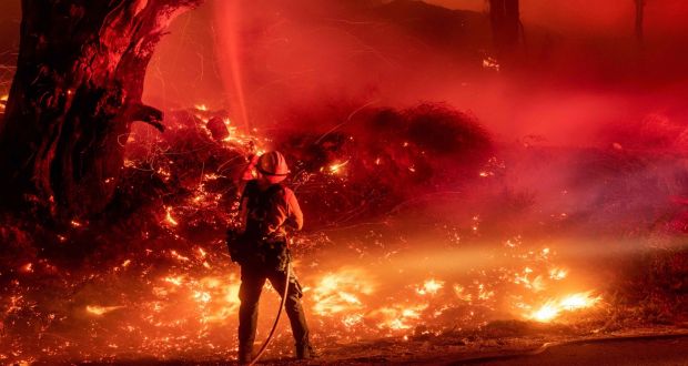  A firefighter douses flames from a backfire during the Maria fire in Santa Paula, California on November 1st. Photograph:  Josh Edelson/AFP 