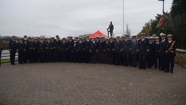 Members of the Argentine navy at the Admiral William Brown Memorial Promenade in Foxford, Co Mayo. Photograph: Oliver Murphy