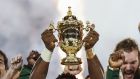 South Africa’s flanker Siya Kolisi lifts the Webb Ellis Cup as they celebrate winning the 2019 Rugby World Cup final against  England in Yokohama. Photograph: Odd Andersen/AFP via Getty Images