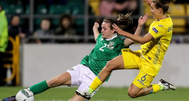 Ireland’s Heather Payne in action against Ukraine’s Olha Basanska during the qualifier at  Tallaght Stadium. Photograph: Laszlo Geczo/Inpho