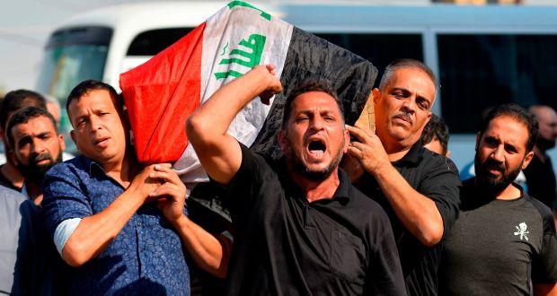 Mourners carry the casket of an Iraqi protester at his funeral in the central Iraqi city of Najaf on November 5th, 2019. Photograph: Haidar Hamdani/AFP