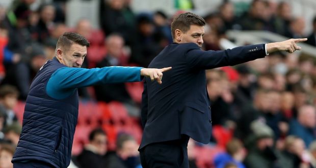 Middlesbrough assistant Robbie Keane and  manager Jonathan Woodgate: “I’ll tell the fans this is going to be rocky. We’re in a transitional phase, so you will have to be patient.” Photograph: Richard Sellers/PA Wire 