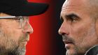 Liverpool’s Jurgen Klopp and Pep Guardiola of  Manchester City. Liverpool can establish a nine-point lead over City on Sunday, but Klopp says the title race is too early to call regardless of the outcome. Photographs:  Dan Mullan/Getty Images
