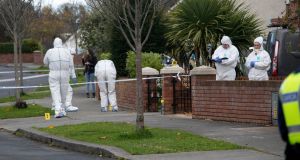 Gardaí  at the scene of the shooting in  Castlemartin Drive, Bettystown. Photograph: Colin Keegan/Collins