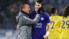 Brendan Rodgers celebrates Leicester City’s  victory over Arsenal with defender  Caglar Soyuncu at the King Power Stadium. Photograph: Carl Recine/Reuters  