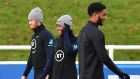 England’s Ben Chilwell ,  Raheem Sterling and  Joe Gomez during a training session at St George’s Park  in Burton-on-Trent on Tuesday ahead of their Euro 2020 qualifier against Montenegro. Photograph:  Paul Ellis/AFP via Getty Images