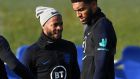 Joe Gomez and Raheem Sterling attend  England training    on Wednesday. The pair clashed when Liverpool defeated Manchester City in the Premier League on Sunday, and again on Monday when they reported for international duty. Photograph: Michael Regan/Getty Images