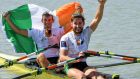 Paul and Gary O’Donovan celebrate winning the gold medal in the Lightweight Men’s double sculls at the World Rowing Championships at Plovdiv, Bulgaria. Photograph: Detlev Seyb/Inpho