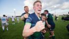  Connacht’s Conor Fitzgerald celebrates victory over Montpellier at the Sportsground. Photograph: Tommy Dickson/Inpho