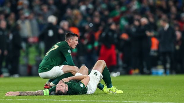 Ireland’s Shane Duffy dejected after the game. Photograph: James Crombie/Inpho