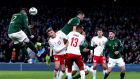 Matt Doherty scores Ireland’s equaliser against Denmark. The Wolves man made a strong case for a future starting role with his overall display in the 1-1 draw. Photograph: Nick Carson/PA 