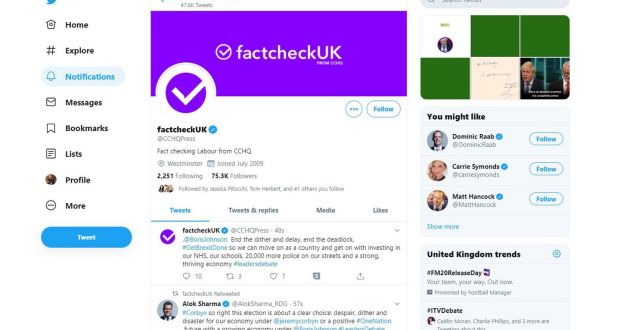 Screen grab from an official Conservative Party Twitter account. The party has faced criticism after one of its official Twitter accounts was rebranded as a fact checking service during the ITV leaders’ debate. Photograph: Conservative Party/PA Wire.
