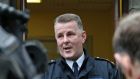 Superintendent Paul Dolan of Lucan Garda station  speaking during a media briefing about the body of a man found in a burning car  in Lucan. Photograph: Collins 