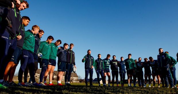 Connacht backs coach Nigel Carolan speaks to the team ahead of the Champions Cup clash with Toulouse. Photo: James Crombie/Inpho