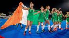 Irish players celebrate qualifying for the 2020 Tokyo Olympics after their win over Canada. Photograph: Morgan Treacy/Inpho