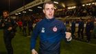 Shelbourne manager Ian Morris celebrates his side’s promotion to the Premier Division. Photograph: Ryan Byrne/Inpho