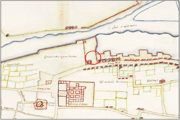 Illustration: Dernard de Gomme, The city and suburbs of Dublin, of 1673. Approximate Apollo House site location is circled.