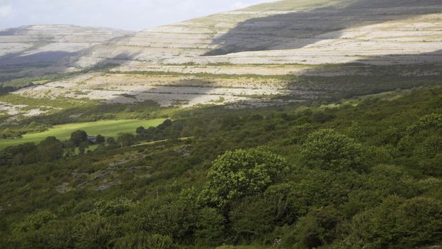Views towards the rocky scarp slope of the carboniferous limestone upland area of the Burren, near Ballyvaughan, County Clare, Ireland. Photograph: Geography Photos/Universal Images Group/ Getty Images