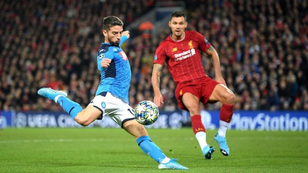 Dries Mertens scores for Napoli during the Champions League Group E match against Liverpool at Anfield. Photograph: Michael Regan/Getty Images