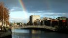 Rainbow over the ha’penny bridge in Dublin’s city centre today. Photograph: Stephen Collins/Collins Photos
