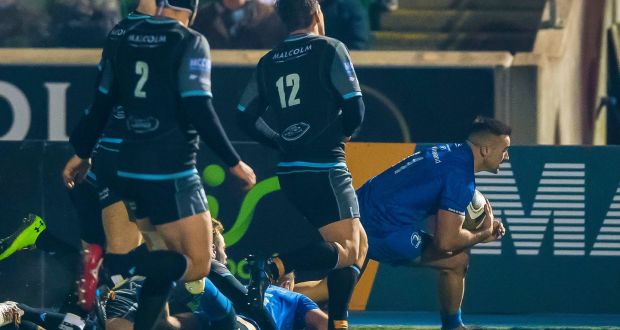 Leinster’s Cian Kelleher scores a try against Glasgow. Photograph: Craig Watson/Inpho