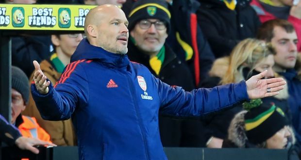 Arsenal’s Swedish Interim head coach Freddie Ljungberg gestures on the touchline during the English Premier League game against Norwich at Carrow Road. Photograph:  Lindsey Parnaby/AFP