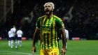 West Bromwich Albion’s Charlie Austin celebrates after firing home from the penalty spot in the  Championship match against Preston North End at Deepdale. Photograph: Martin Rickett/PA Wire