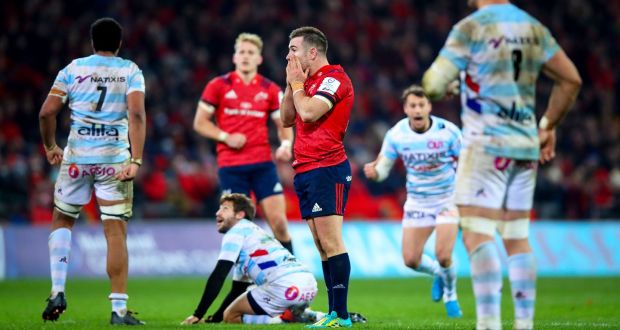 Munster’s JJ Hanrahan reacts to missing a  late  drop goal in the Heineken Champions Cup game against Racing 92 at  Thomond Park. Photograph: Tommy Dickson/Inpho