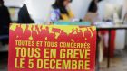 A poster stating “All on strike on December 5th” at the Bourse du Travail during preparations for a national strike against French government pension reform plans, in Nice, France. Photograph: Eric Gaillard/Reuters
