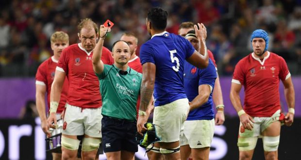Referee Jaco Peyper shows a red card to Frances’s Sebastien Vahaamahina during the  Rugby World Cup quarter-final in Oita. Photograph:  Ashley Western/PA Wire