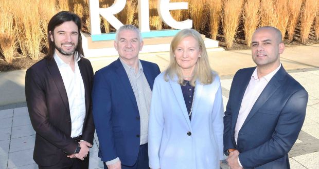 From left: Gavin Annon, head of sales and marketing and Terry Woods, commercial director, Mount Charles with Eileen Duggan, RTÉ’s sustainability and environmental services manager, and Philip Sangari, Mount Charles head of operations
