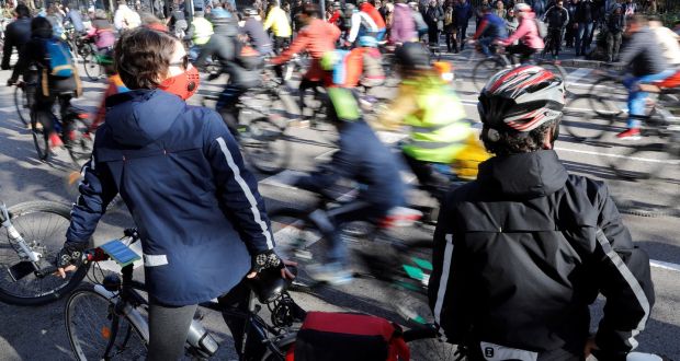Cyclists  take part in a rally against climate change in Madrid, Spain, on Saturday. Photograph: EPA