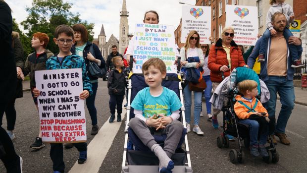 Julieann McGovern and her sons Dylan (5) and Cillian (7), from Drimnagh, at a protest by parents whoes special needs children cannot access education. Photograph: Fran Veale