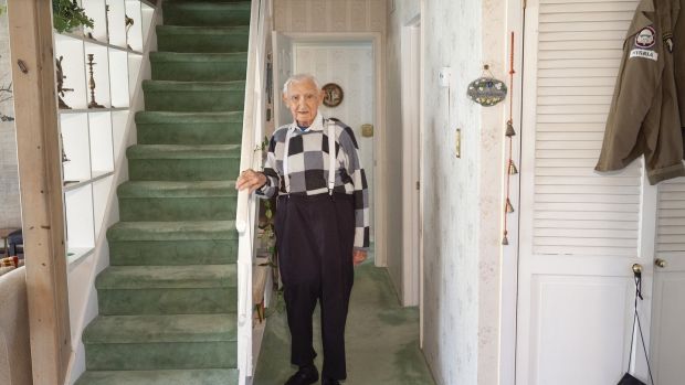 David Wisnia, an Auschwitz survivor who became an 101st Airborne trooper, at his home in Levittown, Pennsylvania in November 2019. Photograph: Danna Singer/The New York Times