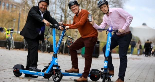 Peter Gomez, VP operations, Blue Duck Scooters, Ronan Quinlan, co-chief executive at Taoglas and Luna chief executive Andrew Fleury pictured at DCU