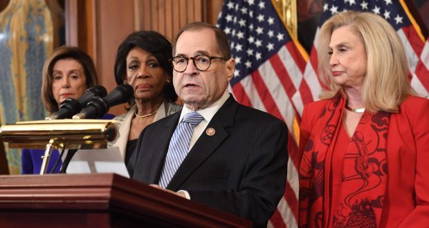 US House of Representatives judiciary committee chairman Jerry Nadler, accompanied by Democratic Party colleagues Nancy Pelosi, Maxine Waters and Carolyn Maloney, unveils the articles of impeachment against President Donald Trump in Washington on Tuesday. Photograph: Saul Loeb/AFP via Getty Images