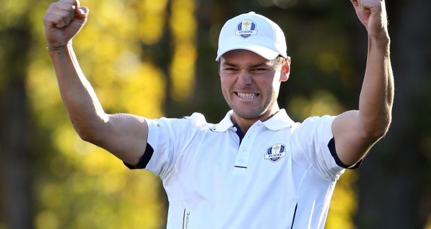 Martin Kaymer of Europe celebrates after holing the decisive putt in his crucial match with Steve Stricker. Photograph: David Cannon/Getty Images