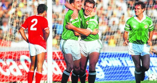 Republic of Ireland players John Aldridge and Kevin Sheedy celebrate a goal in the Word Cup qualifier against Malta on November 15th, 1989. Photograph: ©INPHO/Billy Stickland